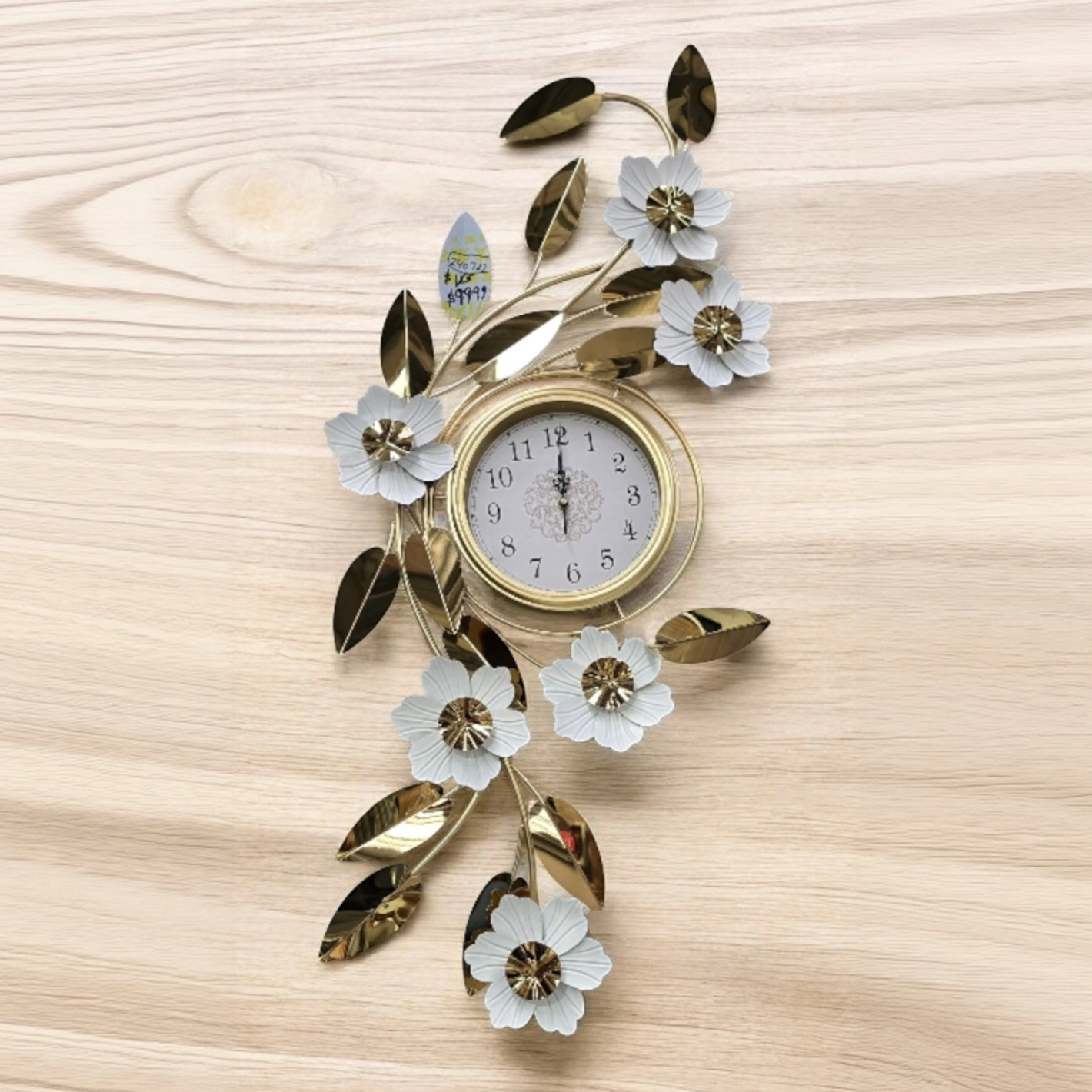 White Blossom Designer Wall Clock with Golden Leaf Accents